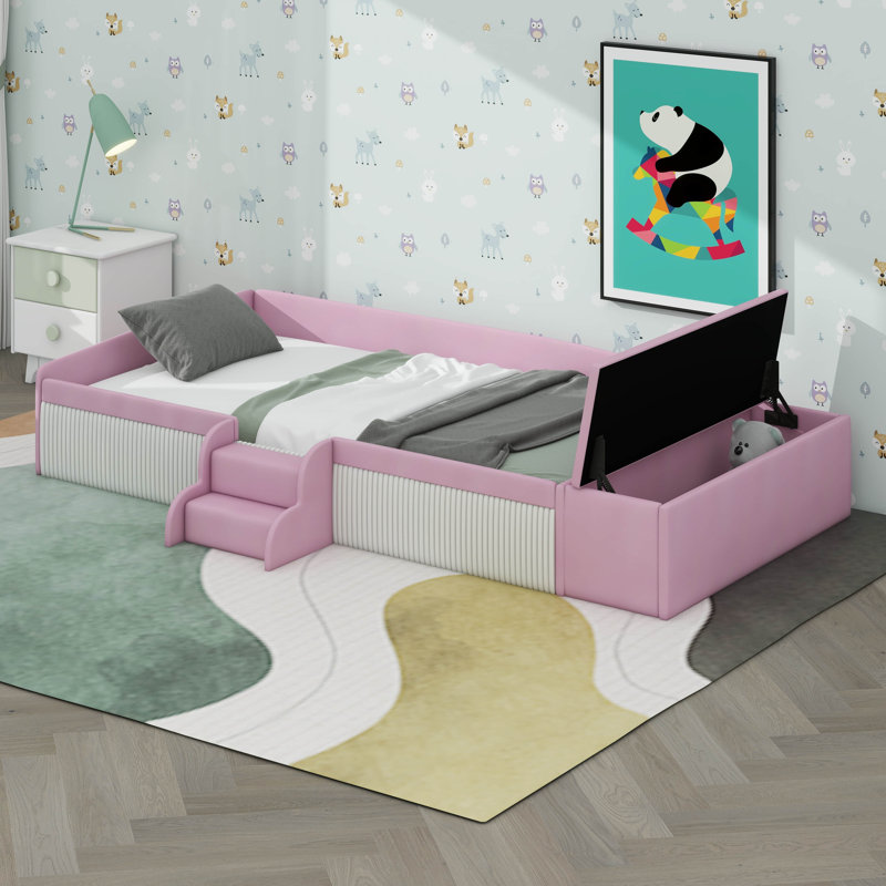 Velvet Daybed With Lift-Up Storage Ottoman And Stairs For Teens Bedroom, Upholstered Platform Bed Frame With Padded Guardrails