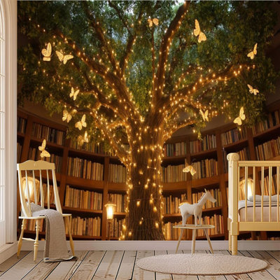 Peler et coller le papier peint adhésif Bibliothèque de fantaisie, bibliothèque magique, arbre enchanteur, lumières de fées dorées, art mural auto-adhésif et amovible