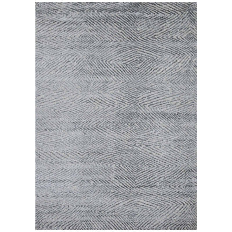 Tapis rectangulaire gris en laine / viscose noué à la main à motif géométrique, Rectangle 12 pi x 15 pi