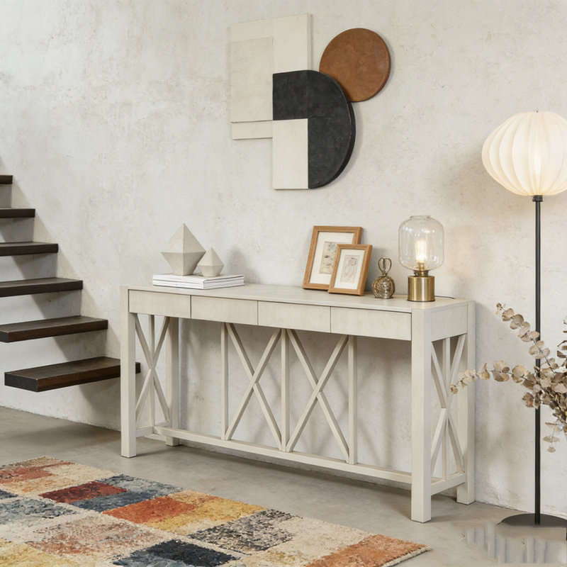 Console 60 po avec 4 tiroirs spacieux, Beige
