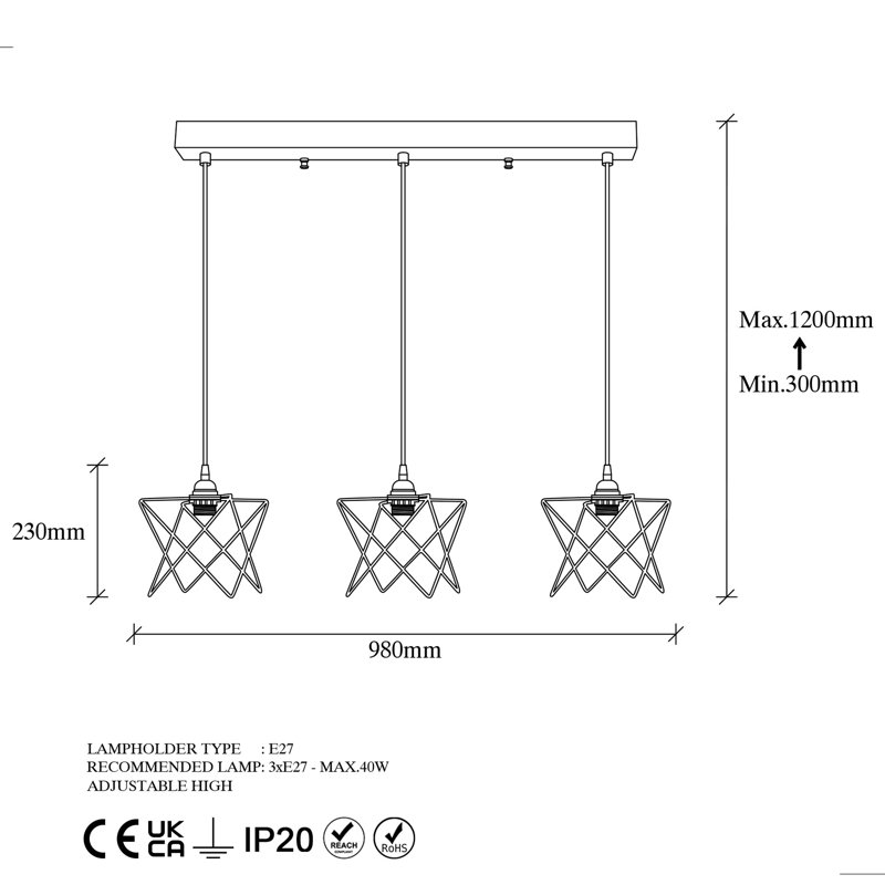 Luminaire suspendu géométrique à 3 lumières pour îlot de cuisine