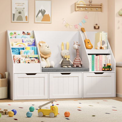 48.2" W 3-in-1 Kids Storage Bookcase with Cushioned Reading Nook, 4-Tier Book Display and 3 Movable Drawers