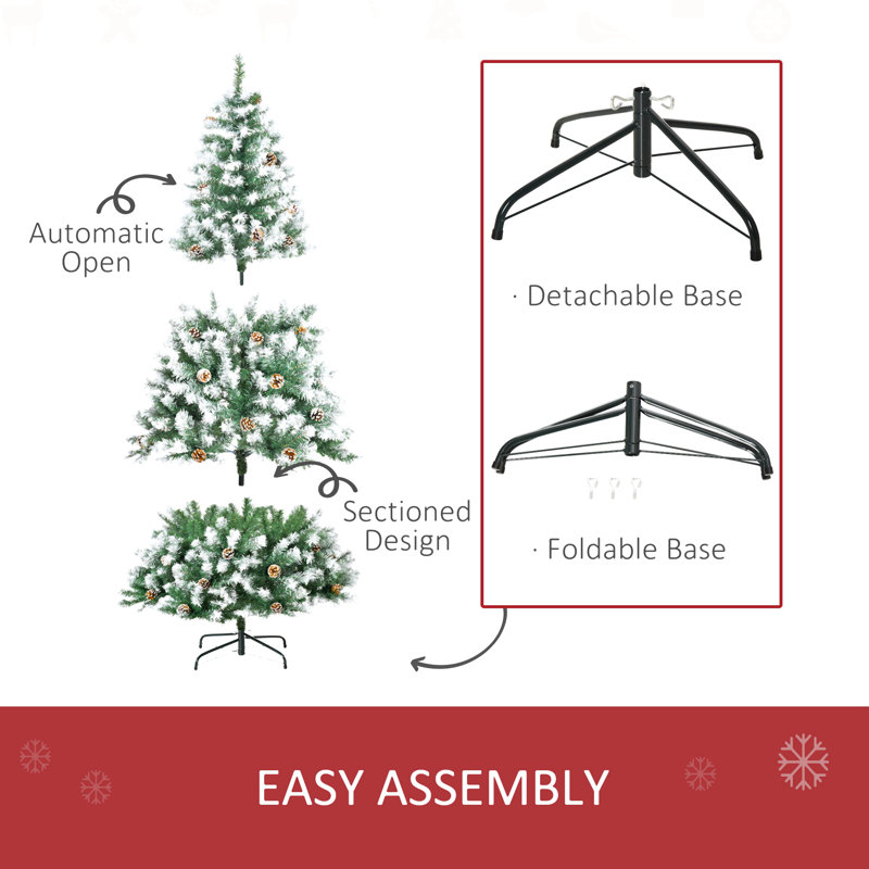Sapin de Noël artificiel enneigé 6 pi avec des branches réalistes, 61 pommes de pin et 800 pointes