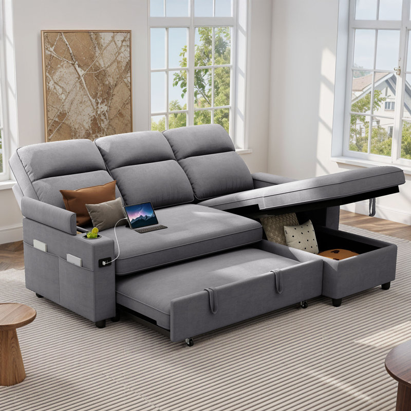  82"W L-Shaped Sofa Bed With Charging Ports & Cup Holders & Storage Compartment