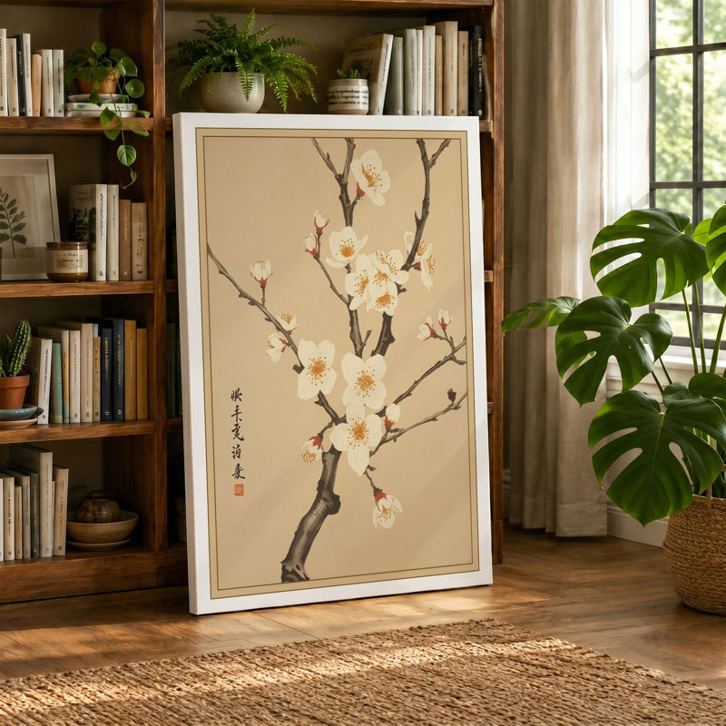 Plum Blossom Branch Japandi - Wrapped Canvas, 24x16 - 61.0 x 40.6 cm, Black Border
