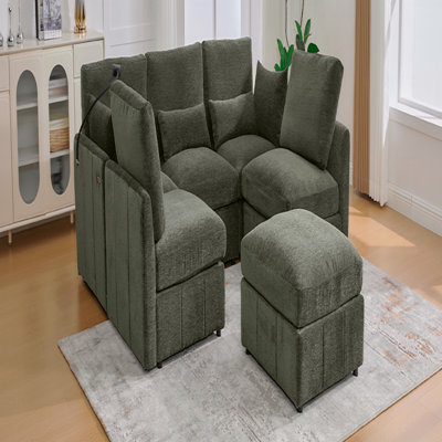 Canapé modulaire de base, canapé moderne Canapé modulaire Canapé-lit en U de 85,4 po Canapé-lit en L avec repose-pieds mobile, deux ports USB et un support pour téléphone