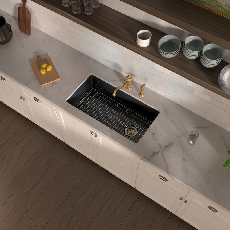 Whitehaus Collection Undermount Single Bowl Fireclay Kitchen Sink with Stainless Steel Grid, 34", Matte Black
