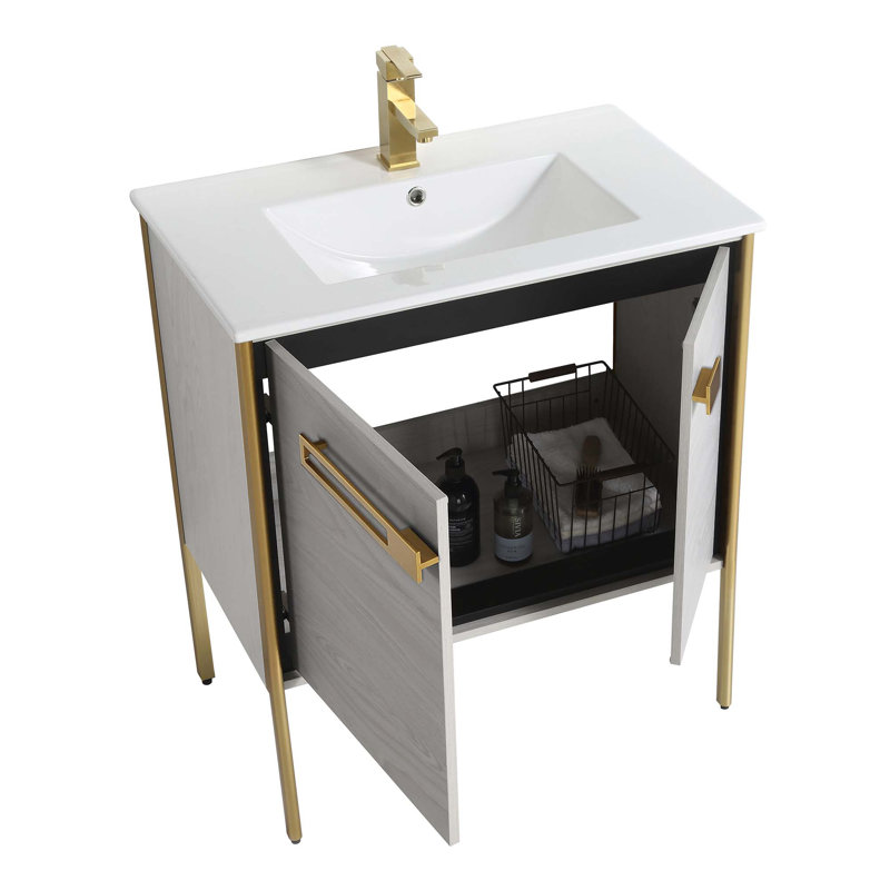 30" Single Bathroom Vanity, Satin Brass, Mild Gray Oak