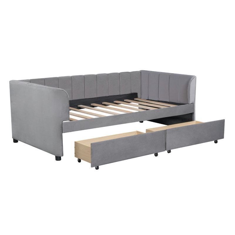 Lit de jour simple rembourré avec dossier ergonomique et 2 tiroirs, Gris