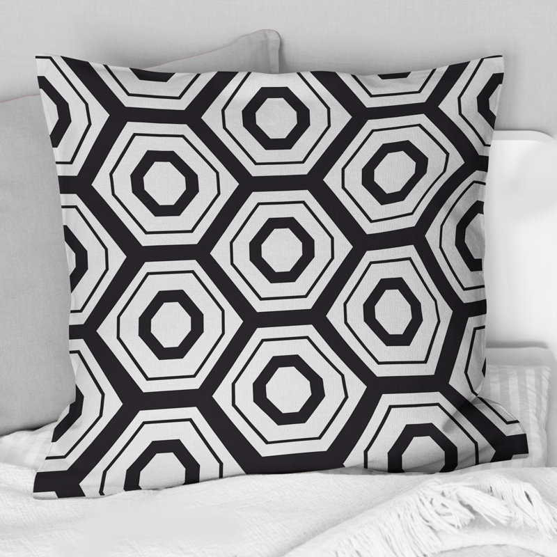 Coussin décoratif noir et blanc Hexagon X, H 16 po x l 16 po
