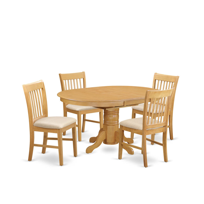 5 Piece Modern Dining Table Set Includes an Oval Wooden Table with Butterfly Leaf and 4 Linen Fabric Kitchen Dining Chairs, 42x60 Inch, Oak