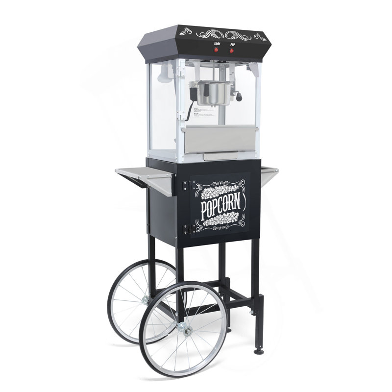 Machine à maïs soufflé avec chariot - Popper 8 oz avec bouilloire en acier inoxydable, terrasse chauffante et tiroir Old Maids, noir