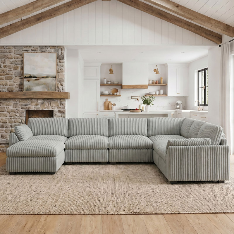 137.8" W U-Shaped Modular Sectional , Gray Corduroy