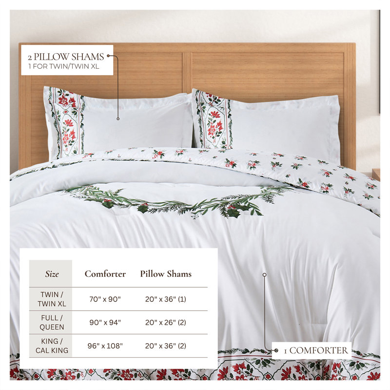 Christmas Down Alternative Comforter and Sham Set, King Comforter + 2 King Shams, Poinsettia Floral