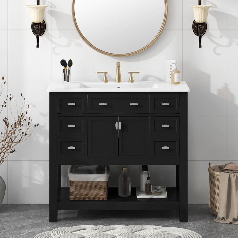  Vanity with Sink, Modern Bathroom Cabinet with 2 Doors and 6 Drawers, Freestanding Storage Design, Noir