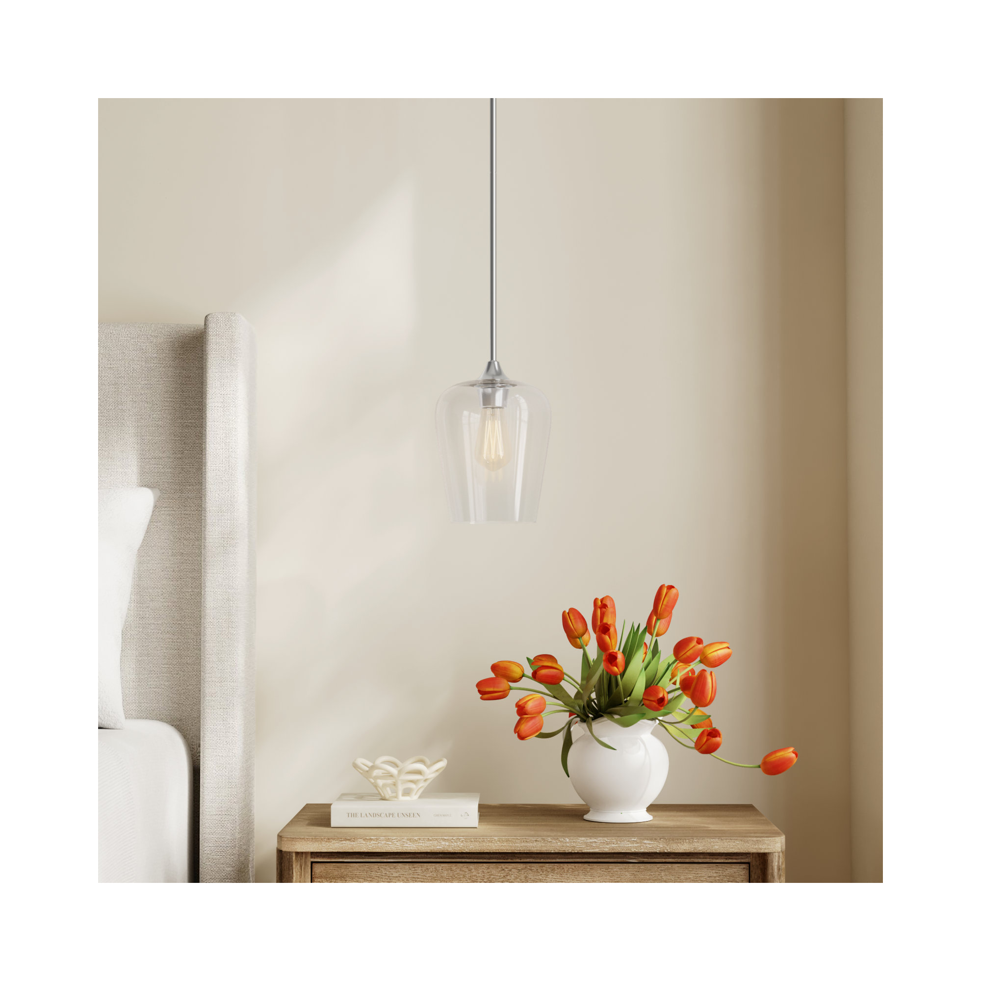 Breena Single Light Glass Steel Dimmable Pendant, Satin Nickel, Clear