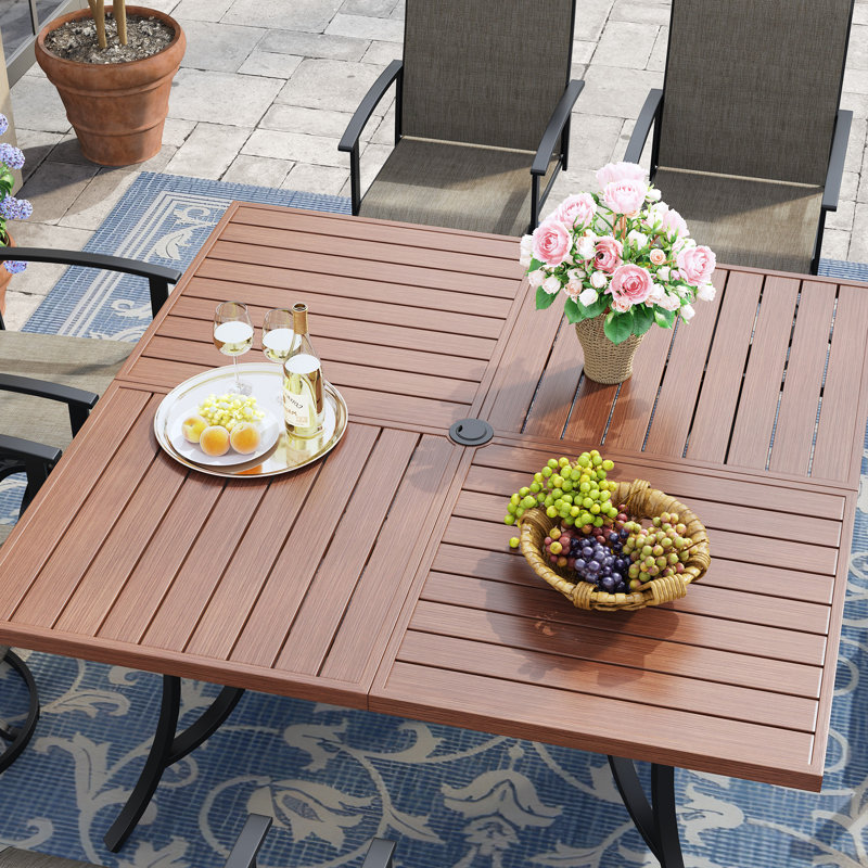8-Person Square Patio Dining Set With Swivel PVC-coated polyester Chairs, Brush Wood Brown/Brown