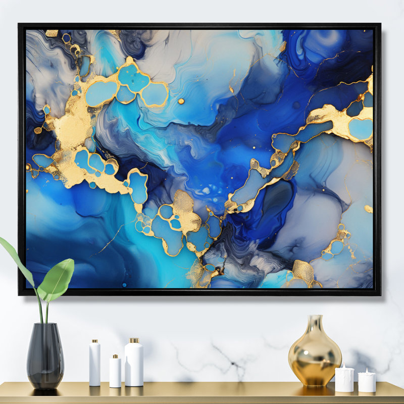 «Blue and Gold Luxury Abstract Fluid Art I», reproduction sur toile, H 30 po x l 40 po x P 1,5 po, Cadre flottant noir