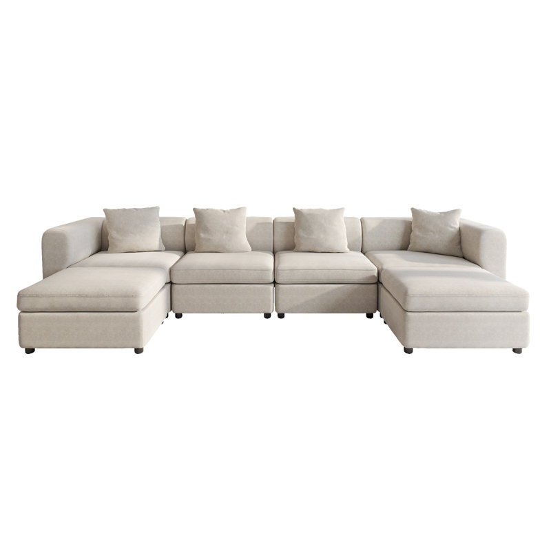 Sadettin Modern Oversized Sofa Velvet U-Shaped Sectional Sofa, 6 Pcs: 2 Ottomans, 4 Chairs