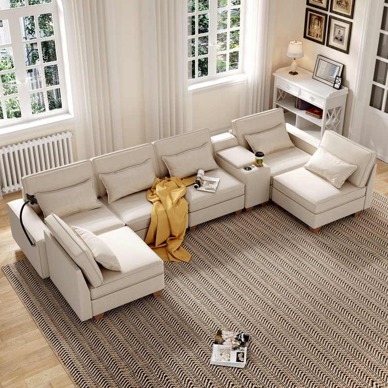 123" U-Shaped 6 Seats Modular Sectional Sofa with Storage Seats and Phone Holder and Console Table, Beige Fabric