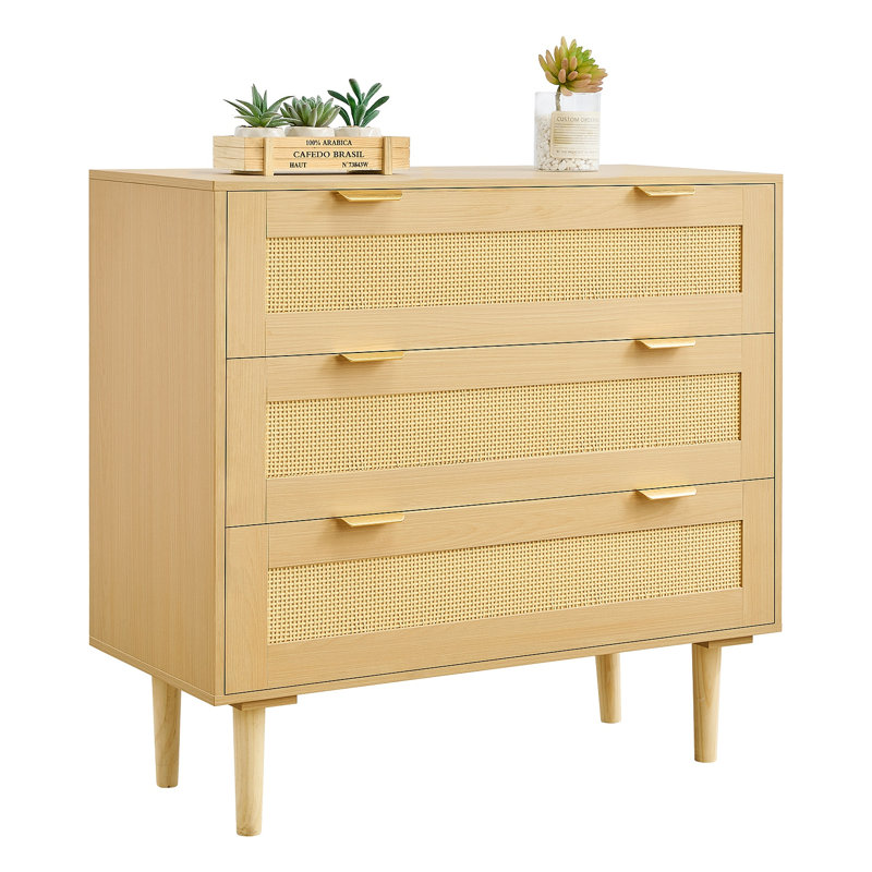 Commode 3 tiroirs en rotin, commode moderne, commode en rotin naturel avec poignées en métal et pieds en bois, rangement pour vêtements
