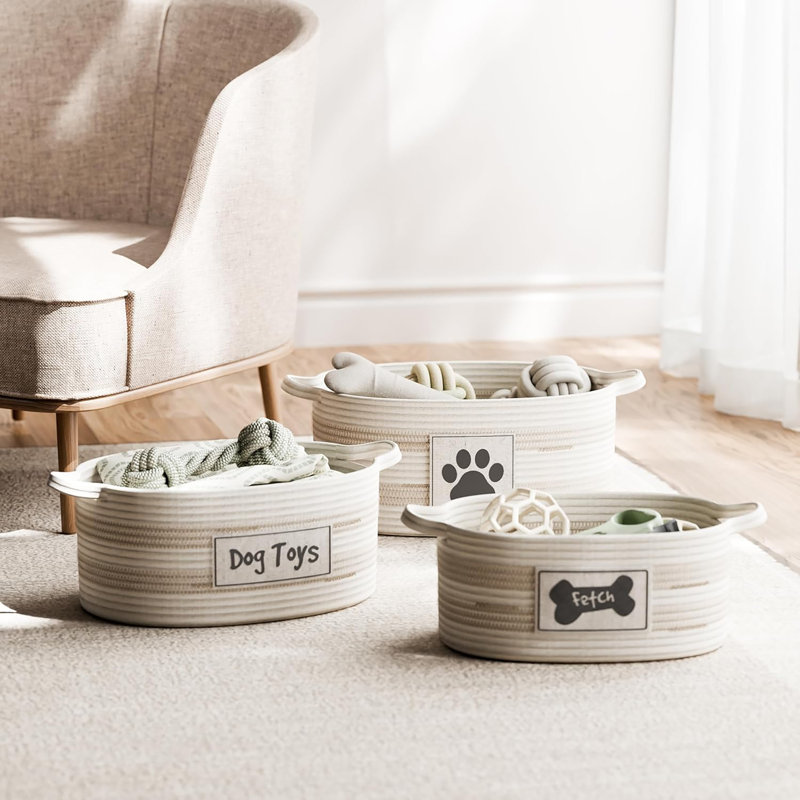 Paniers de rangement pour jouets pour chien - Ensemble de 3 bacs de rangement ovales en corde pour le rangement des animaux de compagnie et des ménages, avec poignées, gris anthracite sur ivoire