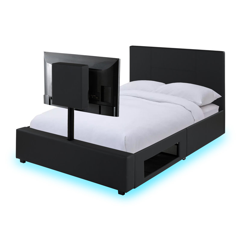 XR Living Ava Upholstered TV Bed with LED Lighting, Double (4'6), Black