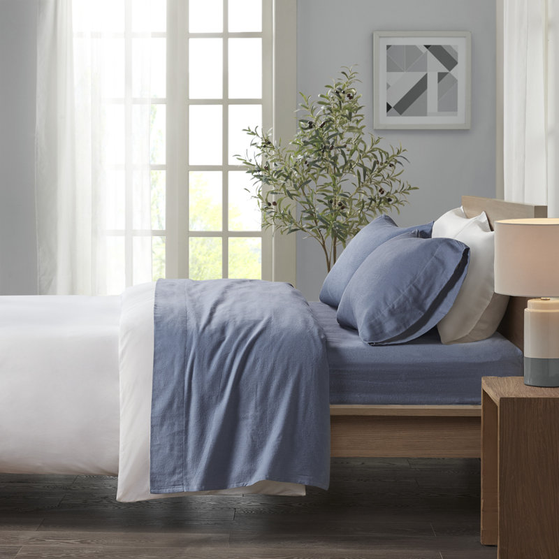Ensemble de draps 100% coton Cozy, Ensemble de draps pour très grand lit avec 2 taie, Bleu uni
