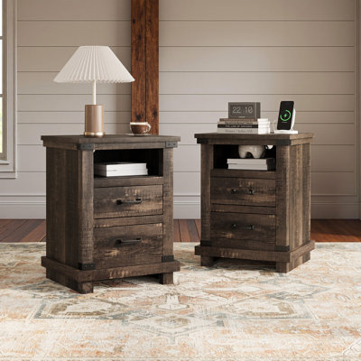 Farmhouse Nightstand Set with Charging Station Set of 2,Dark Oak