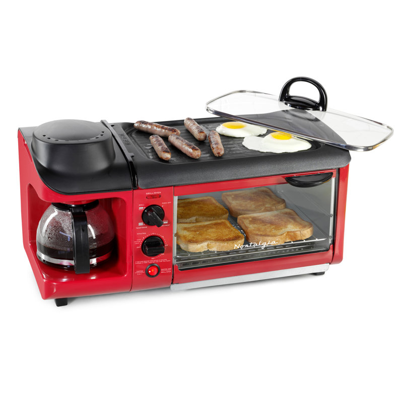 Nostalgia Retro 3-in-1 Family Size Electric Breakfast Station, Coffeemaker, Griddle, Toaster Oven, Aqua, Retro Red