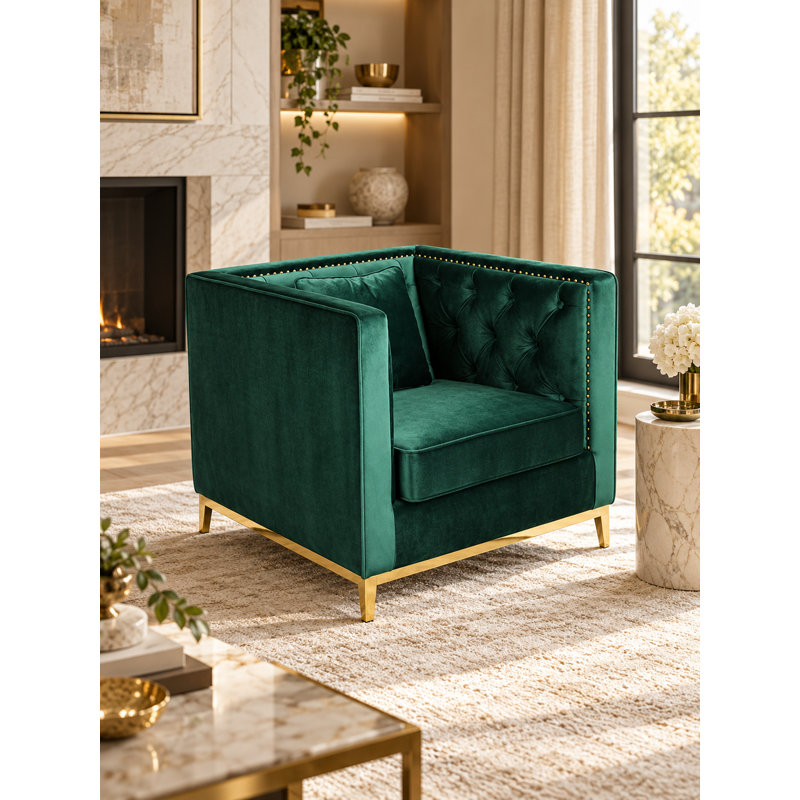 Vivienne Modern Emerald Green Velvet Accent Chair with Tufted Back, Gold Metal Base and Nailhead Trim, Green Velvet