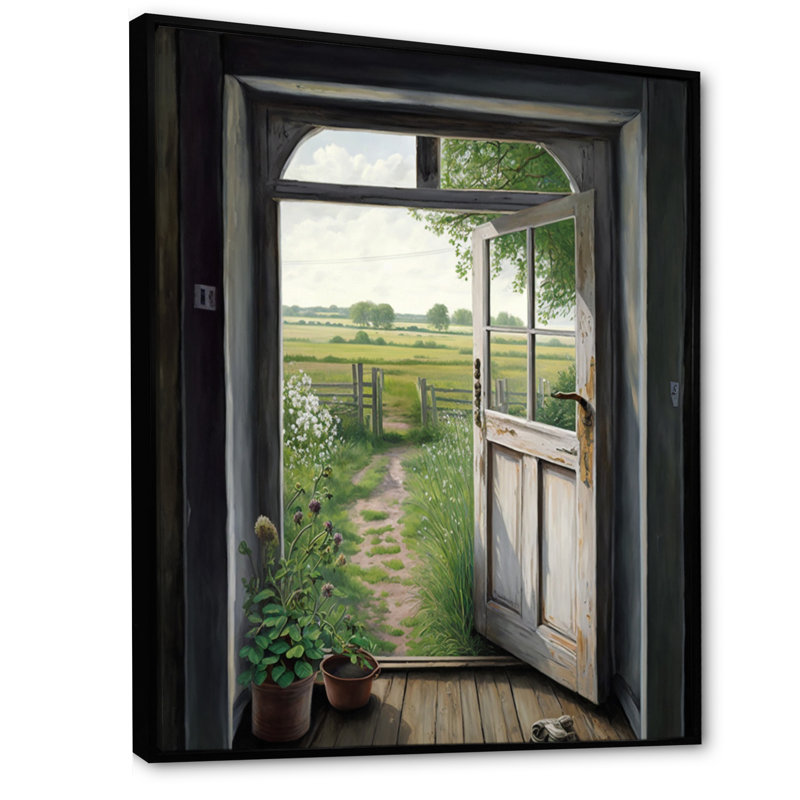 Vue d'un chalet champêtre porte V - Paysage de ferme, art mural, salon, H 44 po x l 34 po x P 1,5 po, Cadre flottant noir