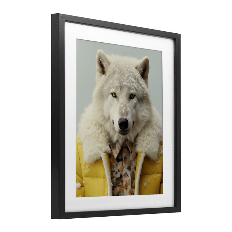 «Snow Wolf Yellow», reproduction sous verre encadrée, design par Ray Powers, H 21 po x l 17 po, Cadre noir minuit
