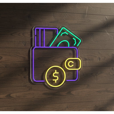  | Porte-monnaie avec enseigne au néon | Fabriqué avec des tubes néon flexibles durables assurant une lueur brillante et constante et une performance durable pendant plus de 50 000 heures sans décoloration | 24 x 20 | Jaune, vert, bleu