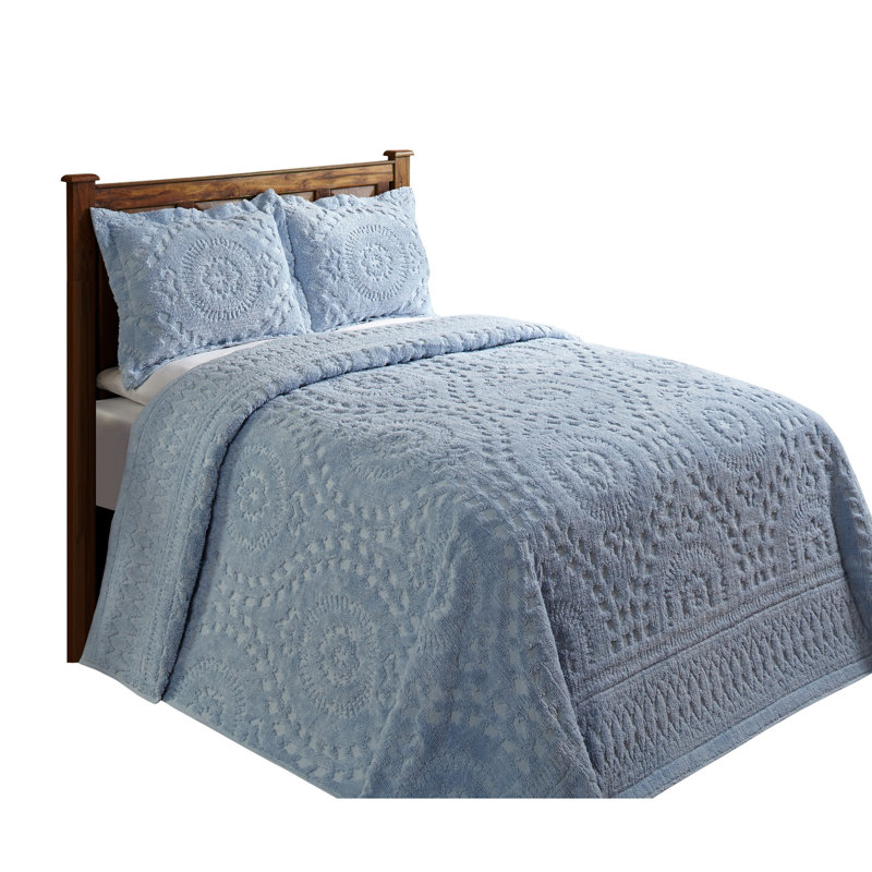 Rio 100% Cotton Chenille Tufted Bedspread, Traditional Medallion Design, Soft Breathable All-Season Machine Washable Coverlet, OEKO-TEX Certified, King Size, Blue