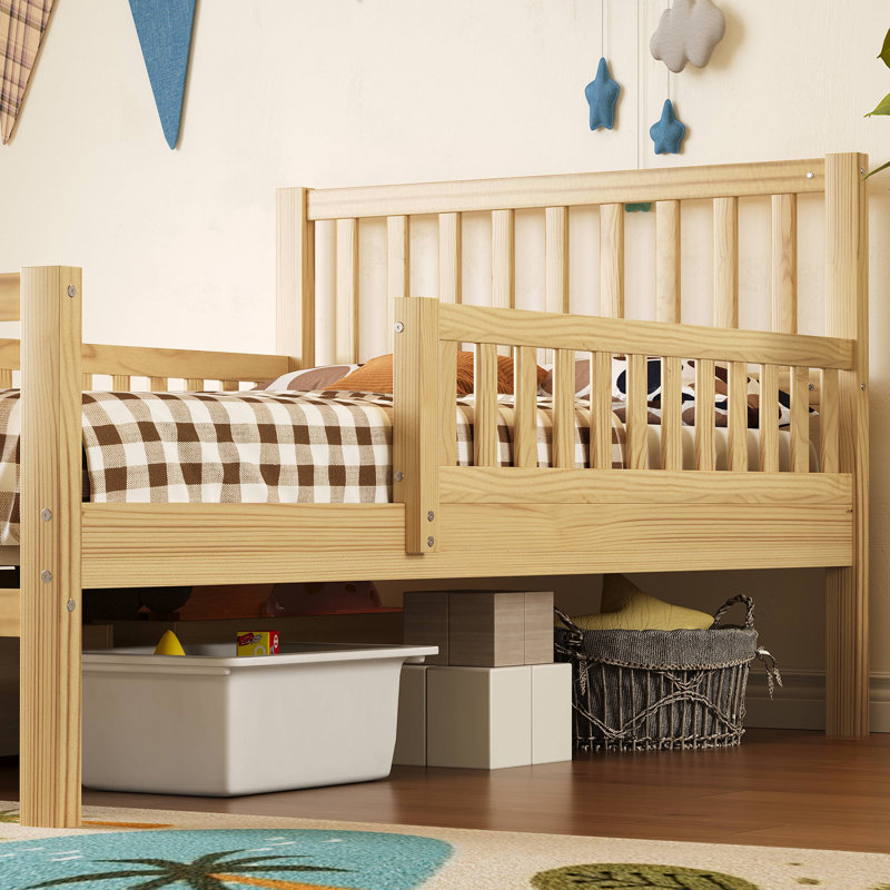 Wood Platform Bed With Guardrails On Both Sides And Two Storage Drawers, Twin