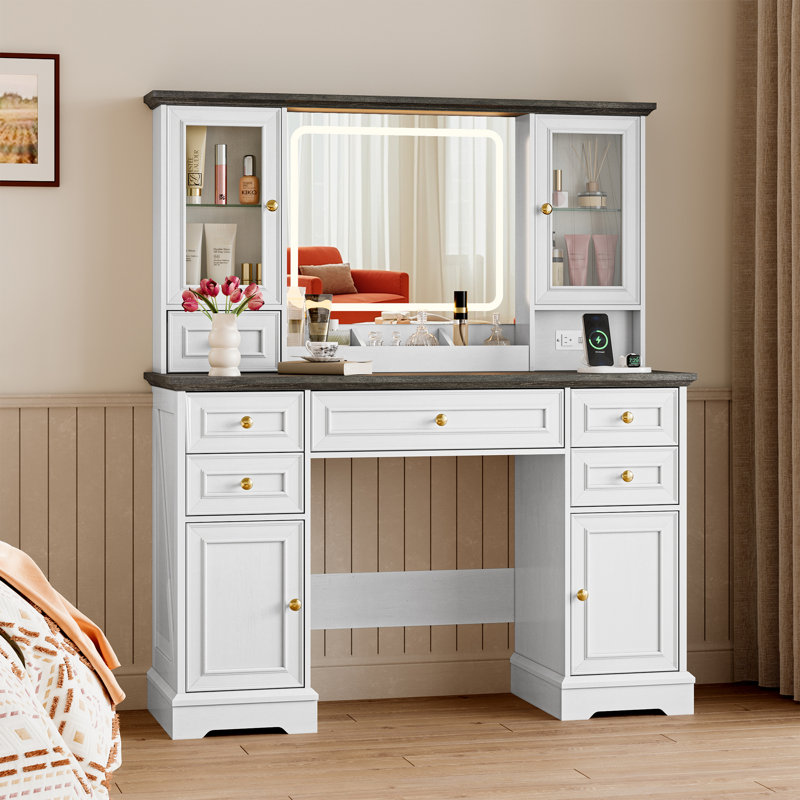 Modern Vanity Desk With HD Lighted Mirror & Power Outlet, Vanity Table With Storage Cabinet & 7 Drawers, with Brightness Lighting