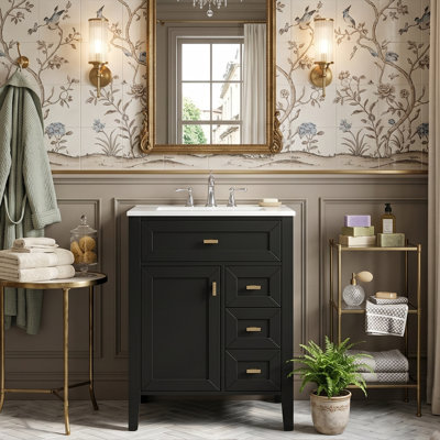 Meuble-lavabo 24 po avec lavabo, armoire en bois d'hévéa massif avec 3 tiroirs et support de porte à 2 niveaux, quincaillerie à fermeture en douceur, blanc / noir / vert