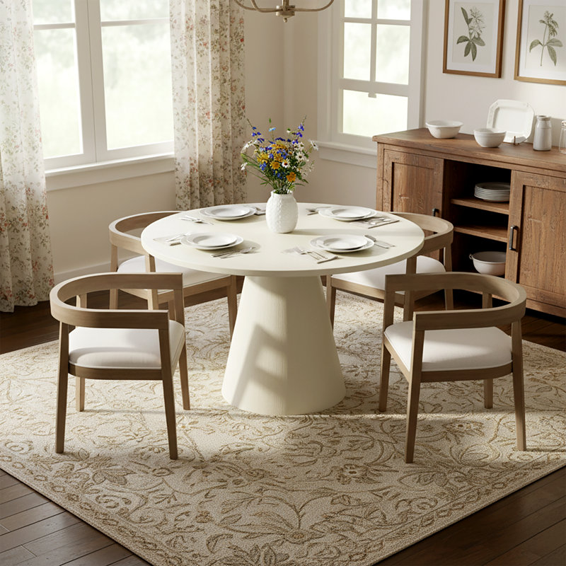 Ensemble de salle à manger moderne en bois d'hévéa avec table ronde Kux, Blanc crémeux