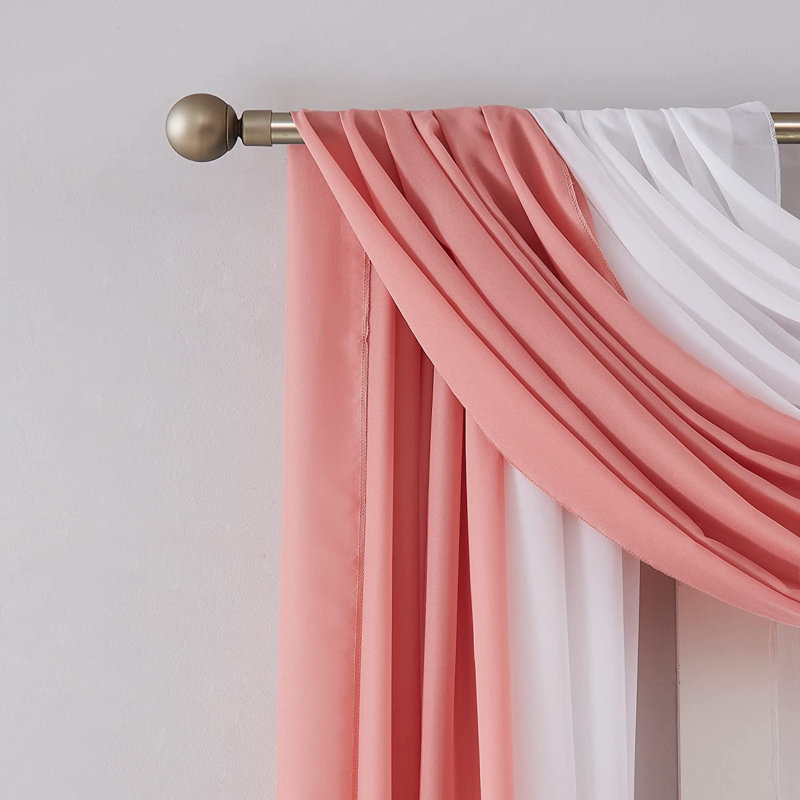 Écharpe de fenêtre semi-diaphane en mousseline Candida, L 35 po x L 288 po, Blanc / Vieux rose
