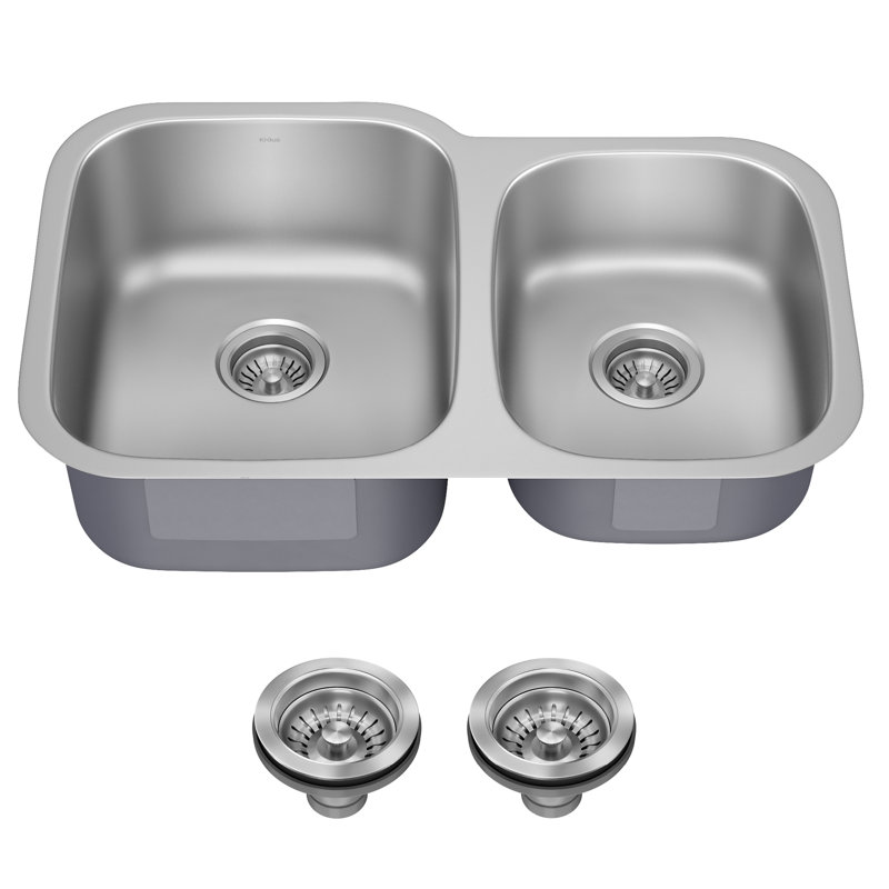 Évier de cuisine en acier inoxydable 60/40 KRAUS, Double bol décalé, H 9 po x l 32 po x P 20,63 po