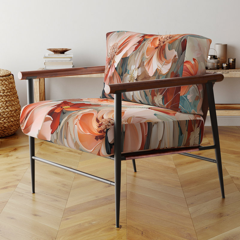 Coral Petal Symphony I - Fauteuil rembourré contemporain, chaise d'appoint Botanical Abstract, Noir