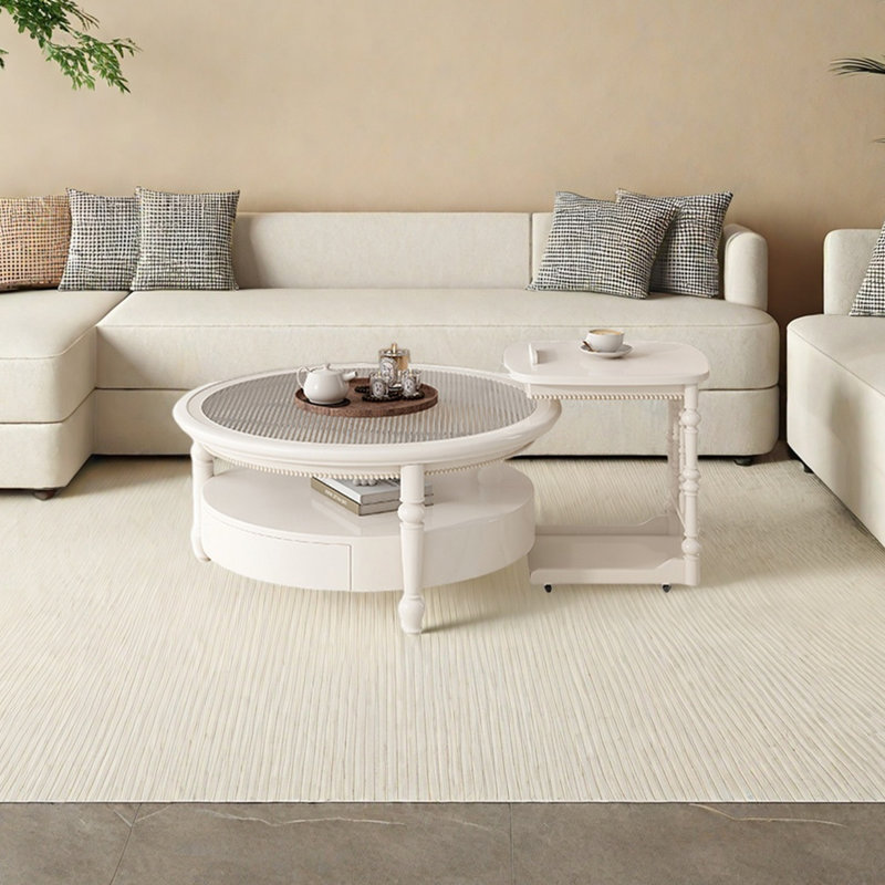 Ensemble de tables basses Boxwood avec plateau en verre trempé, H 17,71 po x L 35,43 po x l 35,43 po, Crème, crème