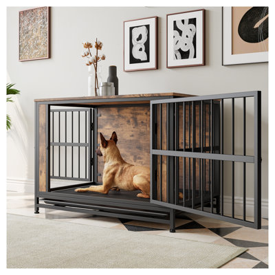  Meuble pour chien 38,9 po brun rustique avec portes coulissantes.       