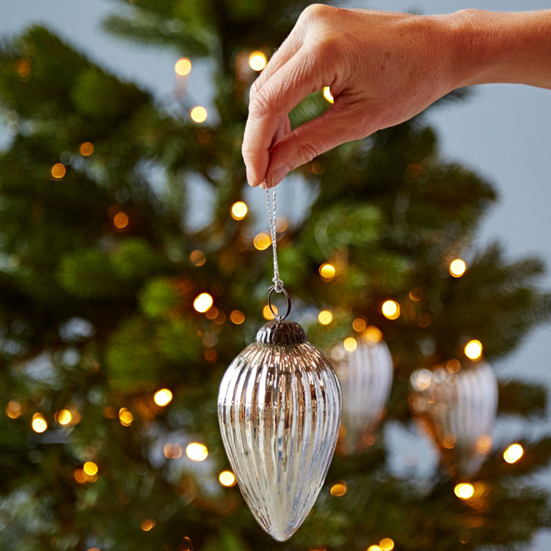 Set of 3 Silver Antique Effect Recycled Glass Teardrop Baubles