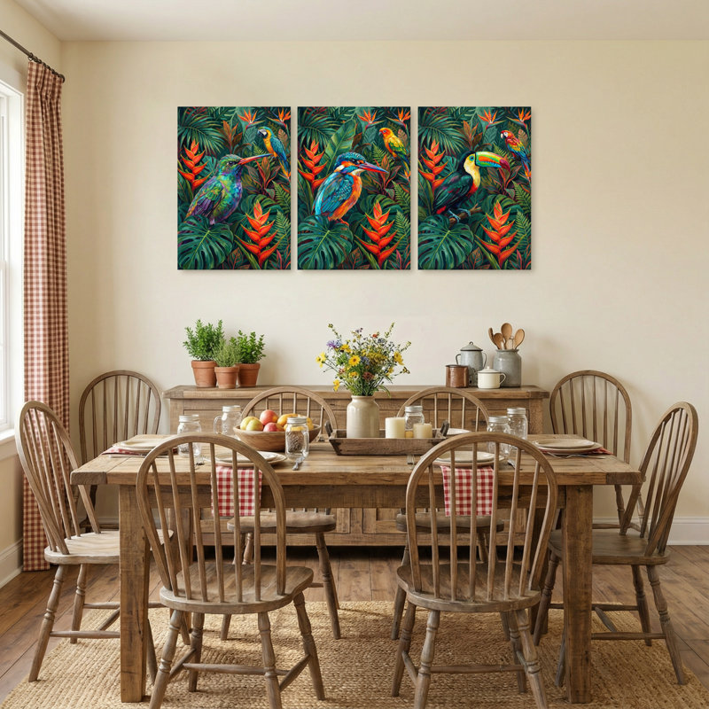 Animaux, oiseaux tropicaux et feuillage luxuriant, ensemble de 3 impressions sur toile, H 36 po x l 72 po