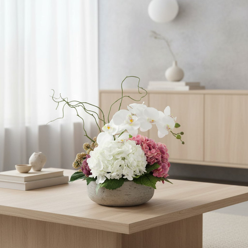 Modern Centerpiece with Orchids and Hydrangeas, Gray, Pink