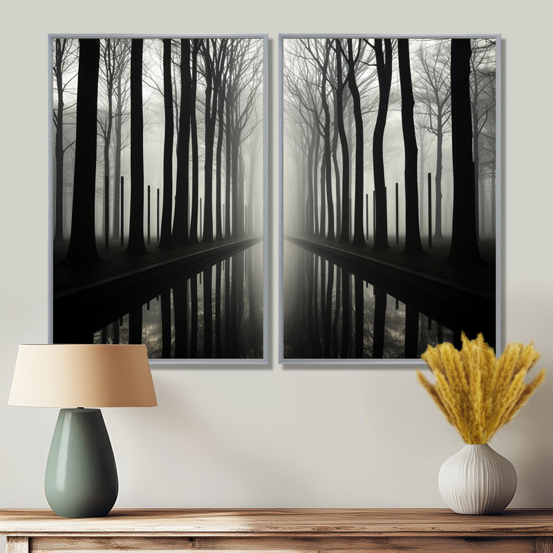 Photographie en noir et blanc de forêt silencieuse - décoration murale traditionnelle, H 36 po x l 48 po, Argent argent