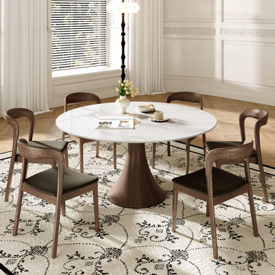 Stone Round Hower With 4/6 Premium Solid Wood Leather Dining Chairs