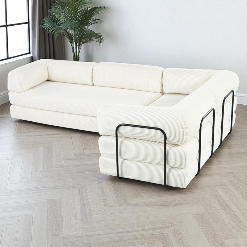 Modular Upholstered Boneless Sectional Sofa Bed, Beige Polyester